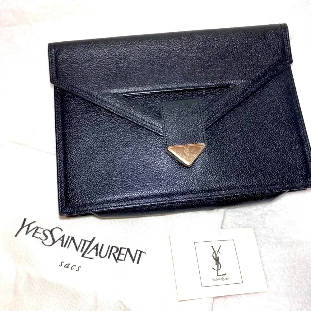 AUTHENTIC YSL Saint Laurent black leather clutch Bag gold logo cut out vintage - Picture 1 of 7